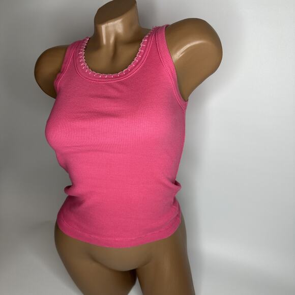 U2 Ladies Y2k Pink Ribbed Tank Embroidered Trim Coquette Baby Tee Dollcore XS - Picture 10 of 10